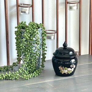 Vintage 1970s Avon Floral Black Glass Ginger Jar Lidded Bowl Covered Dish